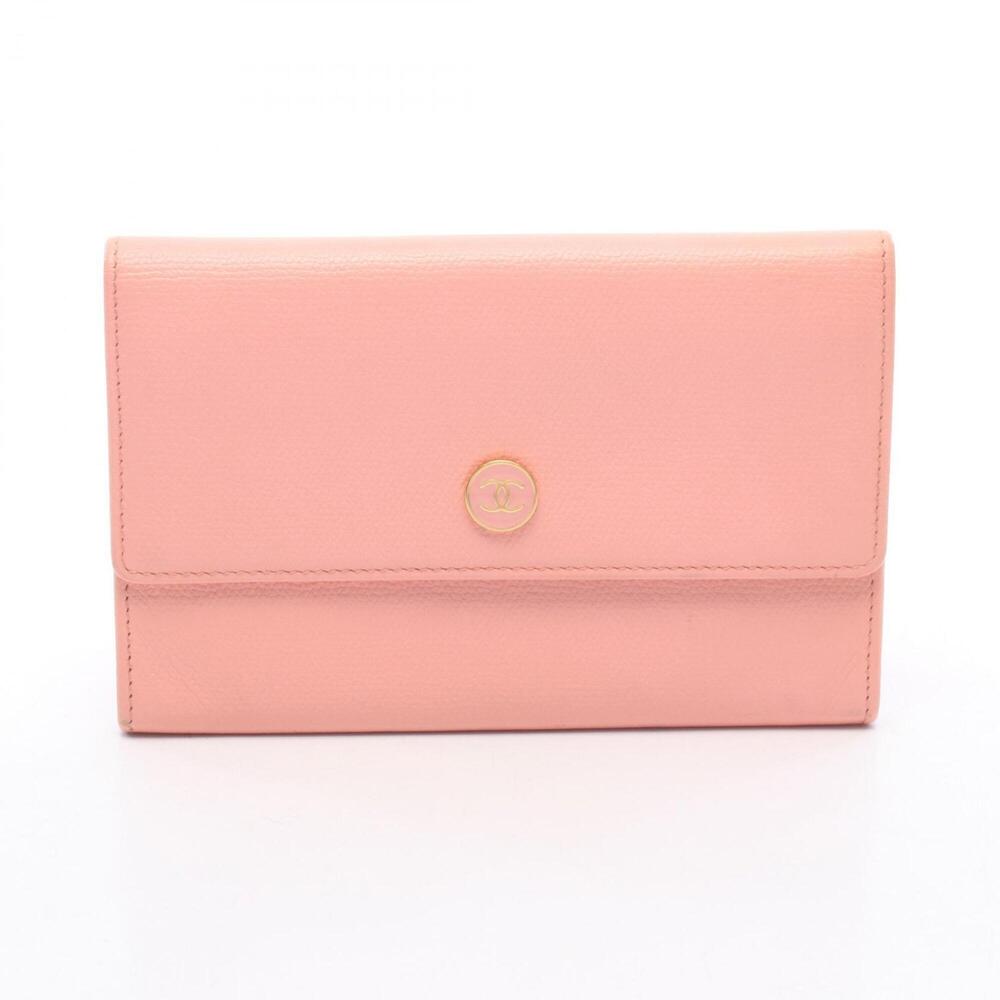 Chanel Coco Button Bi-fold Wallet, Leather, Women's, Pink